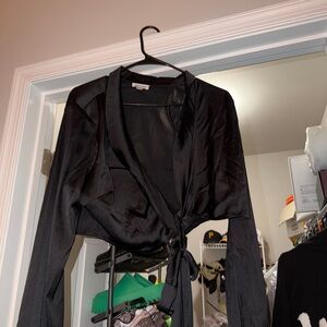 Black Satin Tie-Front Crop Top